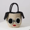 Glasses Red Lips Straw WovenJapanese Fashion Rattan Hand Bag Cute Cartoon Shoulder Crossbody Beach Bag bucket woven bag female