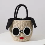 Glasses Red Lips Straw WovenJapanese Fashion Rattan Hand Bag Cute Cartoon Shoulder Crossbody Beach Bag bucket woven bag female