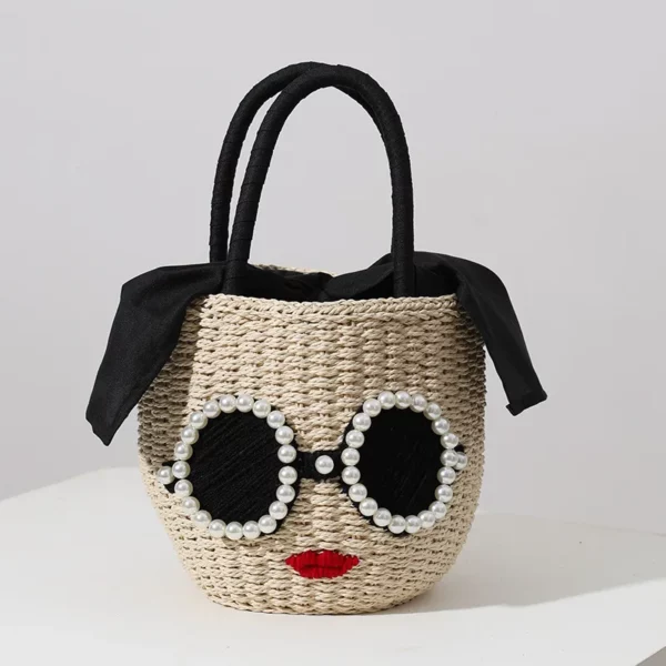 Glasses Red Lips Straw WovenJapanese Fashion Rattan Hand Bag Cute Cartoon Shoulder Crossbody Beach Bag bucket woven bag female