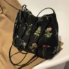 Large-capacity Embroidered Tote Bag Women Summer Trendy Cloth Bag Niche Embroidery Shoulder Bag Texture Bucket Bags Canvas Bags