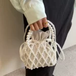 French Retro Handbag Fairy Popular Woven Beaded Bucket Bags Summer Crossbody Bag Women Niche Hollowed Out Pearl Bags