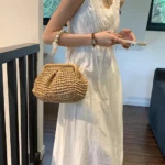 Summer Designer Beach Handbag Hobo Chain Crossbody Bag  Fashion Women Straw Woven Bags Stone Chain Small Bucket Bag