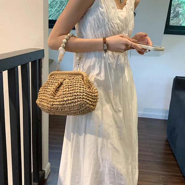 Summer Designer Beach Handbag Hobo Chain Crossbody Bag  Fashion Women Straw Woven Bags Stone Chain Small Bucket Bag