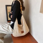 Summer Beach Bag Mesh Women Woven Lace Bow Shoulder Purse Large Capacity Clutch Purse Solid Color  Vacation Travel