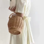 Wicker Basket Bag Women Summer Beach Natural Rattan Straw Bucket Totes Handmade Woven Handbags