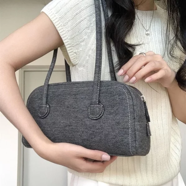Summer Trendy Denim Underarm Bag Women Portable Pillow Bag All-Match Solid Color Boston Commuting Shoulder Bag