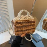 Bohemian Woven Straw Basket Bag Pearls Beaded Rattan Bags for Women Handbag Summer Travel Beach Shoulder Crossbody Bag Box