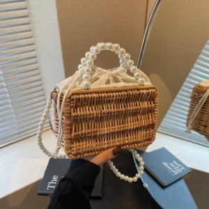 Bohemian Woven Straw Basket Bag Pearls Beaded Rattan Bags for Women Handbag Summer Travel Beach Shoulder Crossbody Bag Box