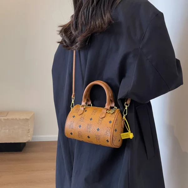 Trendy Retro - Printed Cylindrical Boston Bag for Women - Niche Bear Messenger Bag Design, Unique & Stylish