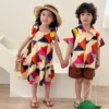 Vacation Style Children's Clothes Boys' Lapel Shirt Shorts Girls' Colorful Print Sleeveless Dress Siblings Summer Outfit
