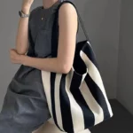Fashion Niche Black White Striped Canvas Bucket Bag for Women Large Capacity Tote Bag Single Shoulder Large Bag Handbags