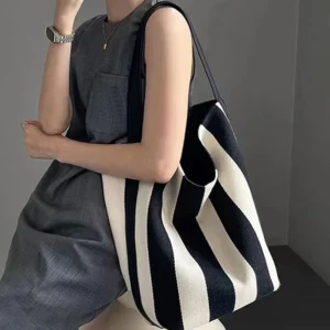 Fashion Niche Black White Striped Canvas Bucket Bag for Women Large Capacity Tote Bag Single Shoulder Large Bag Handbags