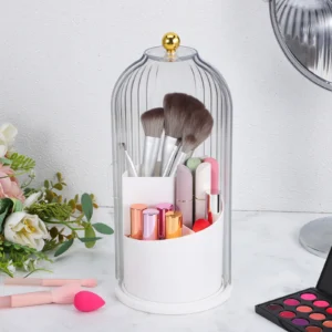 White Makeup Brush Holder with Lid Rotating Transparent Cover Storage Box for Desk Vanity Accessories Large Capacity