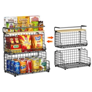 Stackable Snack Organizer with Pine Wood TopTrapezoid Metal Wire Basket, Countertop amp Wall Mounted Snack Holder for Kitc
