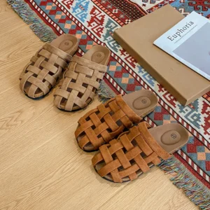 Women's Solid Color Breathable Mules Clogs Woven Closed Toe Arch Support Sandals, Outdoor Beach Slides Home Slippers