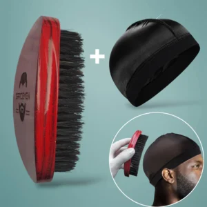 Gracemen 360 Wave Hair Brush for Men with Silky Wave Cap - Also Ideal for Beard Grooming, Curved Medium Stiffness Boar Bristles