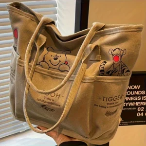 Winnie The Pooh Printed Canvas Tote Bag Retro Shoulder Bag Large Capacity Multi Pocket Light Handbag Student Commuter Bag