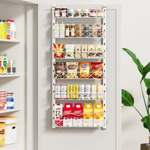 Over the Door Organizer, White 6Tier Pantry Door Organizer with Adjustable Basket, Hanging Spice Rack Cabinet Door Shelves, Laun
