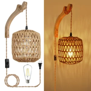 Led Rattan Wall Lamp Bedroom Living Room Woven Light Bedside Lamps Retro Hemp Rope Lights Interior Decoration Fixtures