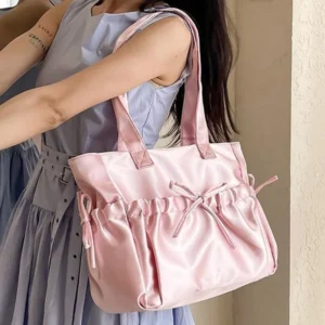 Pink Sweet Bag Korean Style Tote Bag Elegant Bow Women Large Capacity Lovely Shoulder Handbag Nylon Pleated Fashion Female Purse