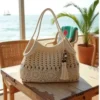 Crochet Tote Bag for Women White Openwork Knit Purse with Bead Fringe Charm Adjustable Long Straps Boho Beach Bag