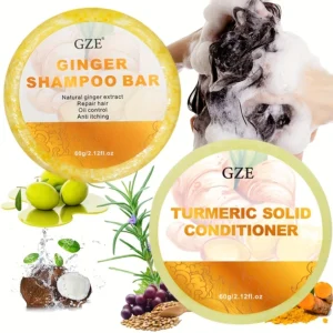 Ginger Shampoo Bar Soap and Turmeric Solid Conditioner Hair Set for Thinning, Lock in Moisture & Shine and Control