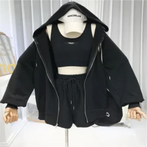 Three-piece Casual White Vest Drawstring Running Shorts Loose Breathable Cardigan Zipper Hooded Sweatshirt Women's Set