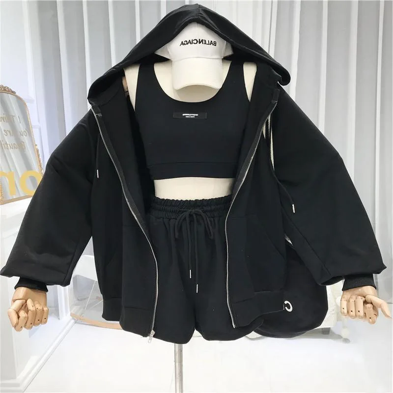 Three-piece Casual White Vest Drawstring Running Shorts Loose Breathable Cardigan Zipper Hooded Sweatshirt Women's Set