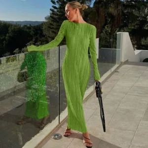 Elegant Bodycon Long Sleeves Dress For Women Solid O Neck Fairycore Summer Maxi Dresses Holiday Fashion Evening Gown