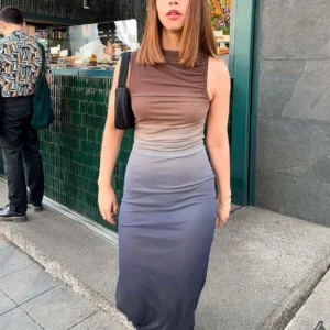 Women's Breathable Bodycon Maxi Dress Sleeveless Round Neck Gradient Print Ruched Tank Women's Clothing Dresses Beachwear