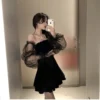 Black Retro Dress Women Lace Chiffon Mini Dress Female High Street Sexy Korean Fashion Dress Women Club Dress