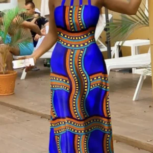 Tribal Geometric Print Dresses Striped Cut Out Halter Neck Design Elegant Sleeveless A Line Ankle Length Maxi Dress
