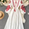 Women Autumn Dresses Bohemian Embroidered Flower O-Neck Lantern Sleeve High Waist Pleated Dress All-match Female