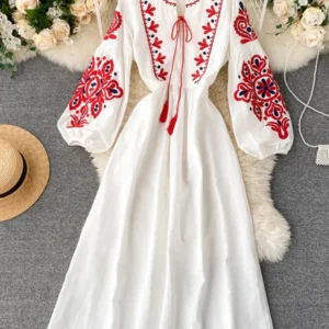 Women Autumn Dresses Bohemian Embroidered Flower O-Neck Lantern Sleeve High Waist Pleated Dress All-match Female