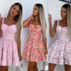 Summer Fashion Short Boho Dress Women Mini Floral Print Dress Female Sleeveless Hanging Belt Printed Waist Folded Dress
