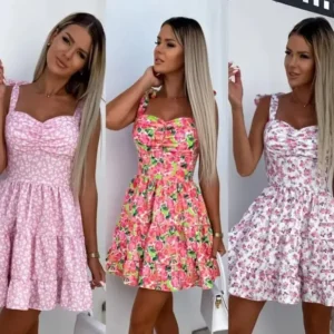 Summer Fashion Short Boho Dress Women Mini Floral Print Dress Female Sleeveless Hanging Belt Printed Waist Folded Dress