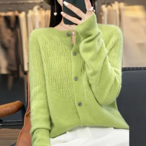 Cashmere Cardigan in Autumn And Winter Merino Wool Knitted Solid Color Openwork Dress Women's O-neck Knitted Cardigan Coat