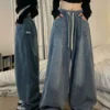 Women Vintage Baggy Jeans Elastic Waist Oversized American Trouser Denim Wide Leg Streetwear Straight Basic Pants