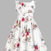 Ruched Bust Side Lace Up Flower Dress Casual Floral Dresses Flare Dress Square Neck Dress Mini Women Dress