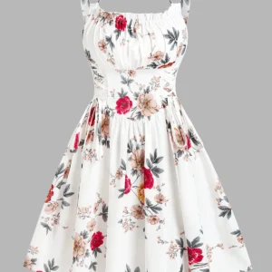 Ruched Bust Side Lace Up Flower Dress Casual Floral Dresses Flare Dress Square Neck Dress Mini Women Dress