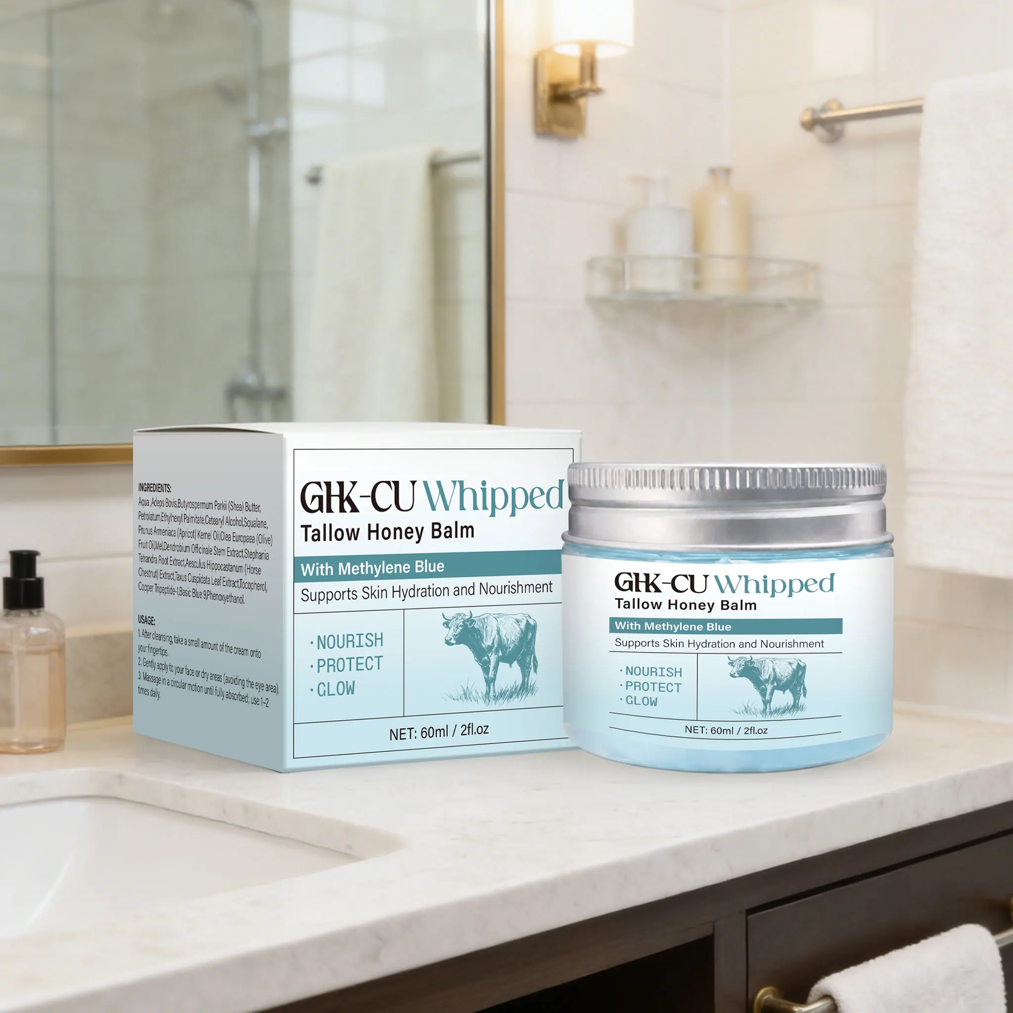 Copper Peptides Beef Tallow for Skin, Blue Balm with Copper Peptides, Manuka Honey & Vitamin E, Natural Face Moisturizer