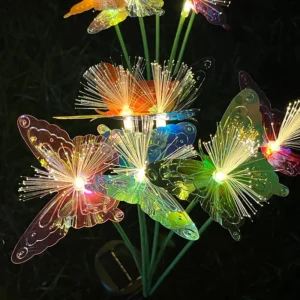 Solar Powered 6 Head Butterfly Fiber Optic Iridescent Lawn Light, Outdoor Courtyard Garden Landscape Decoration Light