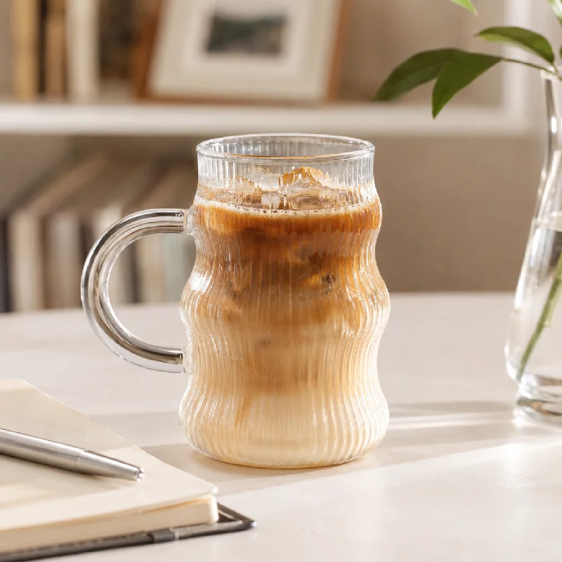 Wavy Ribbed Glass Cup with Handle Heat and Cold Resistant Perfect for Iced Coffee Milk and Juice