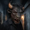 Scary Bull Mask with Horns Nose Ring Fangs Black Hair for Halloween Costume Cosplay Party Animal Headgear