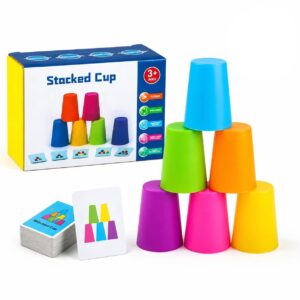 Montessori Stacking Cups Game with Challenge Cards, Educational Color Cognition & Logical Thinking Board Toy for Kids